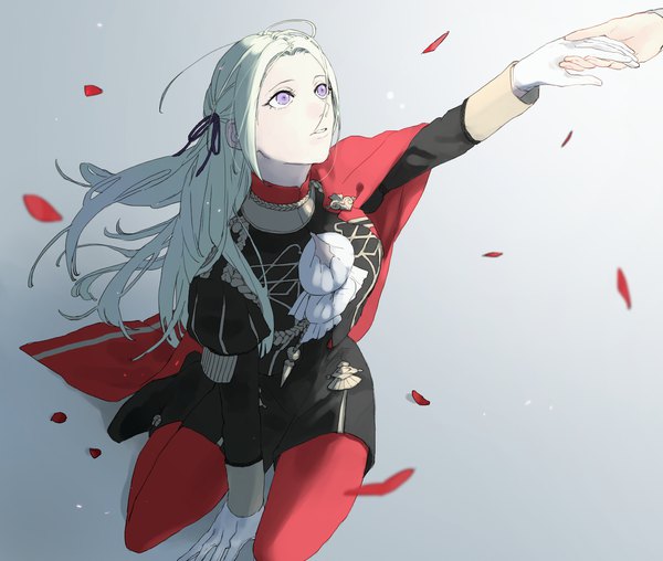 Anime picture 1300x1100 with fire emblem fire emblem: three houses nintendo edelgard von hresvelg 91007 long hair simple background purple eyes looking away white hair long sleeves gradient background floating hair holding hands solo focus between legs girl gloves uniform ribbon (ribbons)