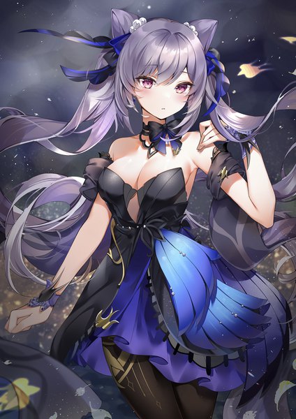 Anime picture 1518x2150 with genshin impact keqing (genshin impact) keqing (opulent splendor) (genshin impact) yukineko1018 single long hair tall image looking at viewer blush fringe breasts open mouth hair between eyes large breasts standing bare shoulders cleavage purple hair pink eyes arm up