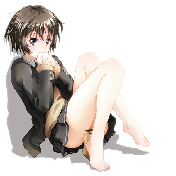 Anime picture 1050x1050 with amagami tachibana miya bun150 single short hair blue eyes simple background brown hair white background sitting barefoot legs eating girl skirt uniform school uniform miniskirt food