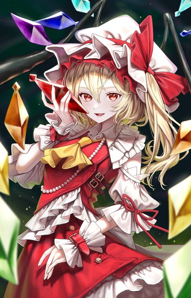 Anime picture 2633x4095 with touhou flandre scarlet torinari (dtvisu) single tall image fringe highres short hair open mouth blonde hair hair between eyes red eyes holding :d one side up adapted costume girl hat wings wrist cuffs