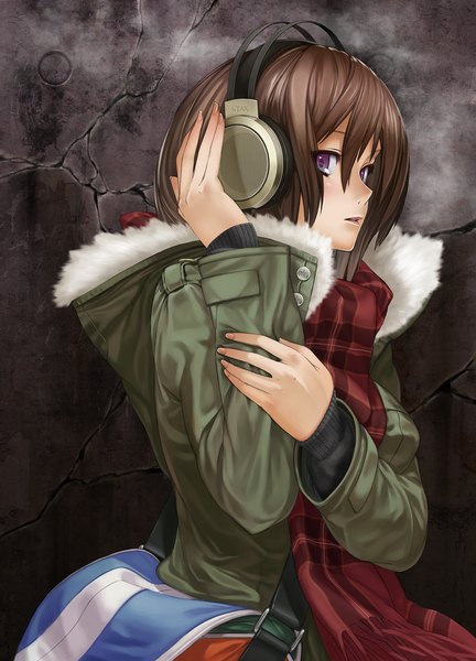 Anime picture 1383x1920 with nishiizumi tasuku single tall image short hair brown hair purple eyes girl jacket headphones scarf bag