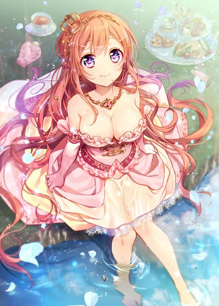 Anime picture 717x1000 with original murakami yuichi single tall image looking at viewer breasts light erotic brown hair large breasts purple eyes cleavage very long hair girl dress gloves petals elbow gloves white gloves pendant crown
