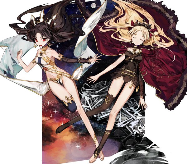 Anime picture 1000x881 with fate (series) fate/grand order ishtar (fate) ereshkigal (fate) mo (mocopo) long hair light erotic black hair blonde hair red eyes multiple girls full body eyes closed two side up floating hair space asymmetrical legwear bone (bones) girl bow