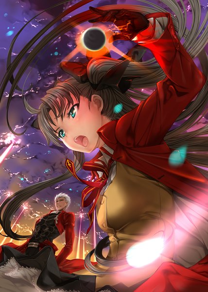 Anime picture 800x1122 with fate (series) fate/stay night type-moon toosaka rin archer (fate) mikazuki akira long hair tall image short hair open mouth blue eyes black hair sky cloud (clouds) white hair magic girl boy gloves uniform