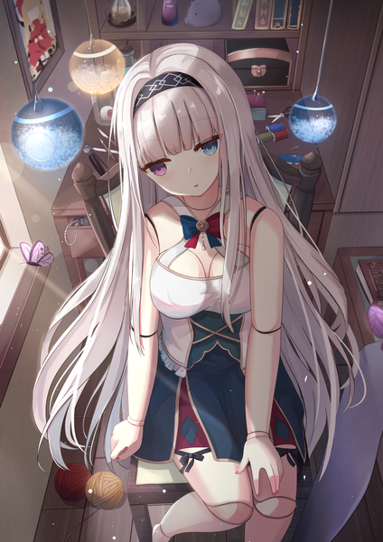 Anime picture 1376x1949 with original touhourh single long hair tall image blush fringe open mouth blue eyes sitting purple eyes bare shoulders looking away silver hair bent knee (knees) indoors blunt bangs head tilt from above sunlight