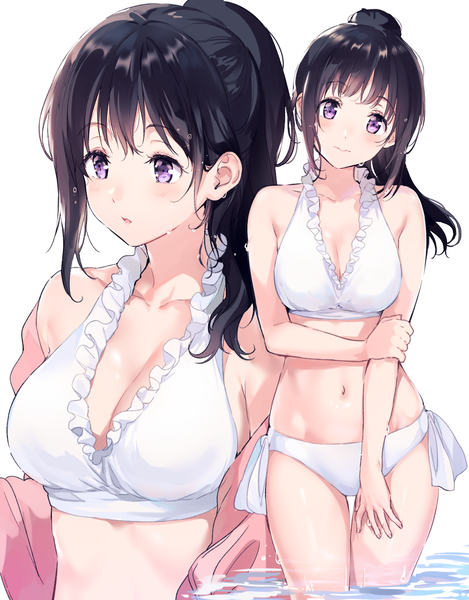 Anime picture 1105x1412 with hyouka kyoto animation chitanda eru mery (yangmalgage) long hair tall image looking at viewer blush breasts light erotic black hair simple background white background purple eyes payot looking away cleavage ponytail parted lips head tilt