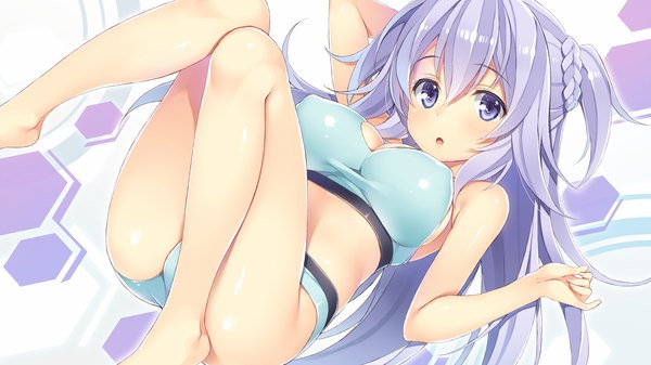 Anime picture 1600x900 with gakusen toshi asterisk toudou kirin yuuki hagure single long hair looking at viewer blush fringe breasts open mouth light erotic wide image large breasts white background purple eyes payot purple hair bent knee (knees) ass braid (braids)