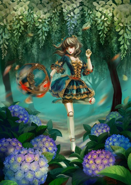 Anime picture 1414x2000 with league of legends orianna (league of legends) jofang single tall image red eyes brown hair twintails wavy hair mechanical dancing girl dress hair ornament flower (flowers) weapon plant (plants) tree (trees) leaf (leaves) ball