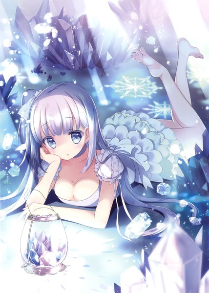 Anime picture 2495x3500 with original hinayuki usa single long hair tall image looking at viewer fringe highres breasts blue eyes light erotic cleavage silver hair blunt bangs sunlight scan official art bare legs snowing winter