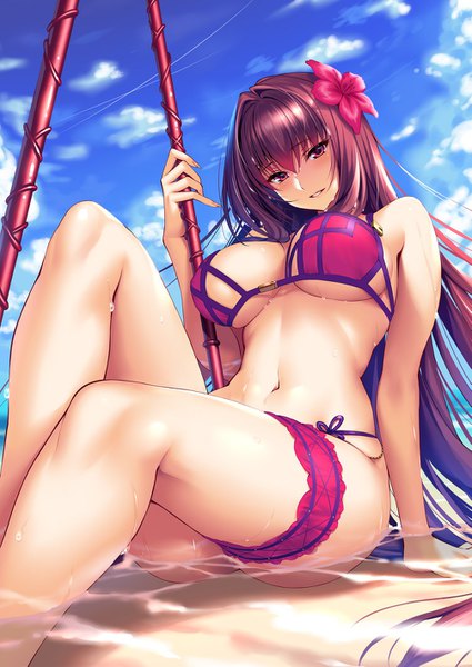 Anime picture 1003x1417 with fate (series) fate/grand order scathach (fate) (all) scathach (swimsuit assassin) (fate) piromizu single long hair tall image looking at viewer blush fringe breasts light erotic hair between eyes large breasts sitting purple eyes sky purple hair cloud (clouds)