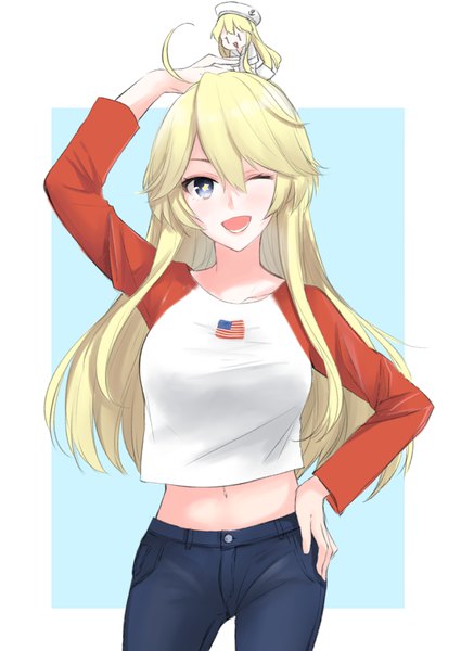 Anime picture 2508x3541 with kantai collection iowa (kantai collection) fairy (kantai collection) morinaga (harumori) long hair tall image looking at viewer fringe highres open mouth blonde hair hair between eyes multiple girls ahoge one eye closed arm up wink midriff hand on hip symbol-shaped pupils