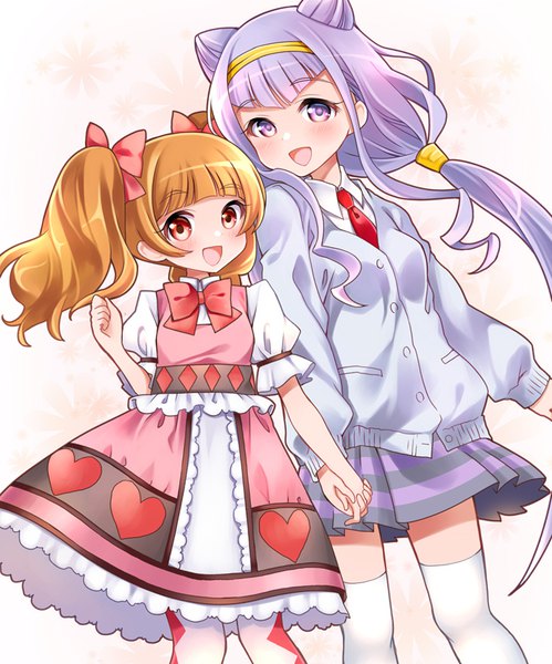 Anime picture 713x857 with precure hugtto! precure toei animation ruru amour aisaki emiru kawanobe long hair tall image looking at viewer blush fringe open mouth simple background smile red eyes brown hair standing twintails purple eyes multiple girls
