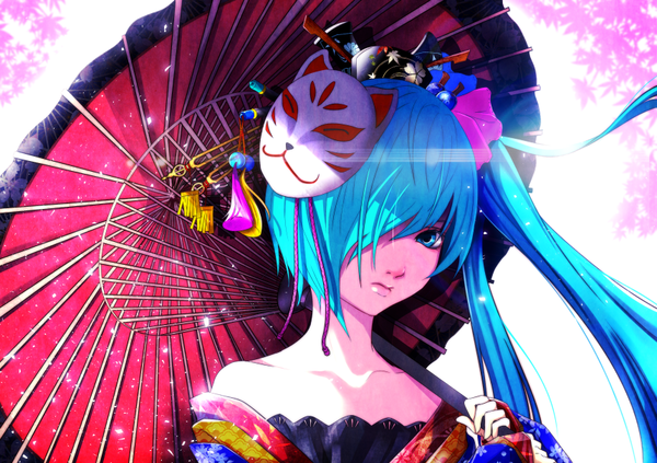 Anime picture 860x607 with vocaloid hatsune miku tatsuya (1223496) single long hair looking at viewer fringe bare shoulders holding traditional clothes japanese clothes aqua eyes lips sunlight hair over one eye aqua hair cherry blossoms side ponytail sunbeam mask on head