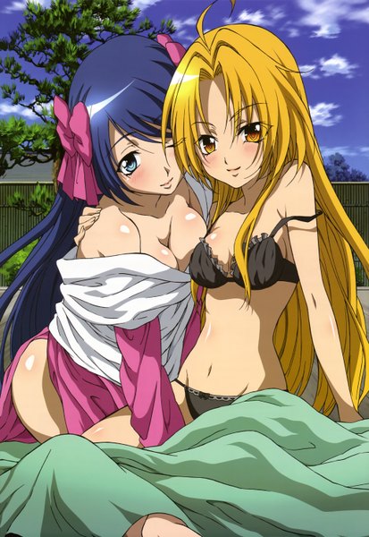 Anime picture 4102x5958 with oda nobuna no yabou nyantype oda nobuna niwa nagahide long hair tall image blush highres blue eyes light erotic blonde hair multiple girls yellow eyes blue hair absurdres traditional clothes one eye closed wink official art girl