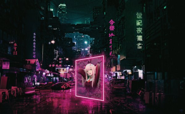 Anime picture 2560x1591 with darling in the franxx studio trigger zero two (darling in the franxx) dangmill single long hair looking at viewer highres light erotic wide image pink hair wallpaper city rain arms behind head cyberpunk girl food sweets ground vehicle
