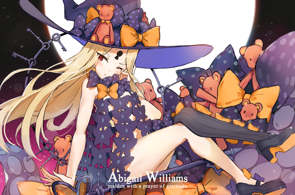 Anime picture 1510x1000 with fate (series) fate/grand order abigail williams (fate) abigail williams (second ascension) (fate) dre single long hair looking at viewer light erotic blonde hair red eyes one eye closed wink character names crossed legs girl thighhighs bow hat moon