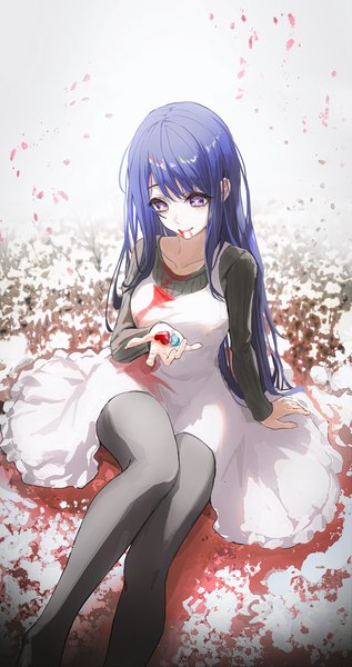Anime-Bild 1953x3695 mit oshi no ko hoshino ai (oshi no ko) matsogum single long hair tall image highres sitting purple eyes holding purple hair from above arm support looking down blood on face bloody clothes girl dress pantyhose heart