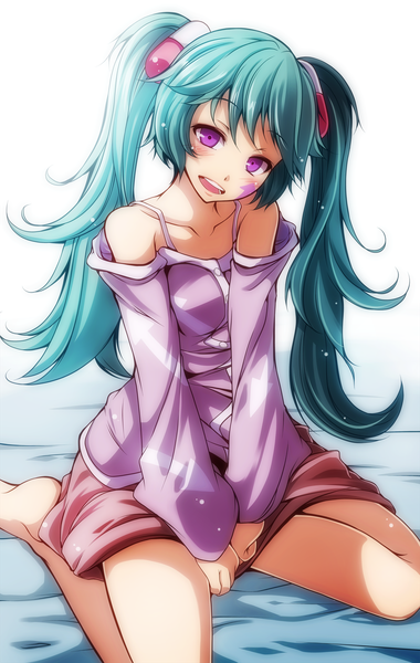 Anime-Bild 1585x2500 mit vocaloid hatsune miku tsukishiro saika single long hair tall image looking at viewer blush fringe open mouth hair between eyes sitting purple eyes twintails bare shoulders head tilt aqua hair facial mark wariza girl