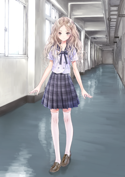 Anime picture 2893x4092 with blue reflection gust (company) shijou raimu kishida mel single long hair tall image looking at viewer blush highres brown hair brown eyes indoors official art girl thighhighs skirt uniform school uniform white thighhighs