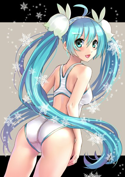 Anime picture 566x800 with vocaloid hatsune miku yuki miku yuki miku (2015) katahira masashi single long hair tall image looking at viewer blush open mouth light erotic ahoge ass aqua eyes from behind aqua hair turning head girl swimsuit