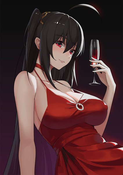 Anime picture 1200x1697 with azur lane taihou (azur lane) taihou (forbidden feast) (azur lane) loading (vkjim0610) single long hair tall image looking at viewer blush fringe breasts open mouth light erotic black hair simple background hair between eyes red eyes large breasts holding cleavage