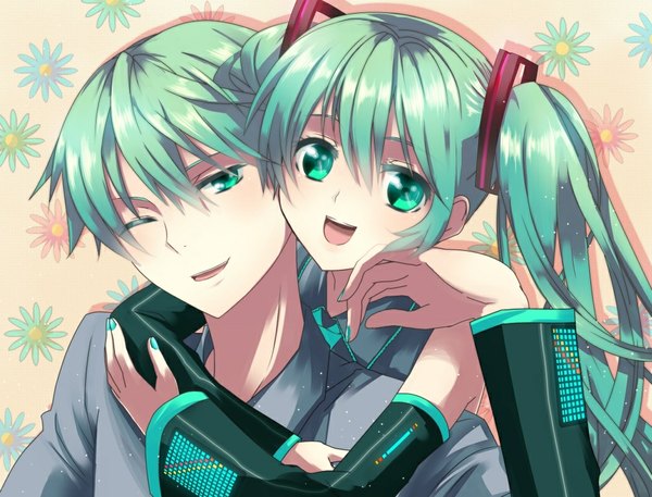 Anime picture 1050x800 with vocaloid hatsune miku hatsune mikuo twintails green eyes nail polish green hair couple girl