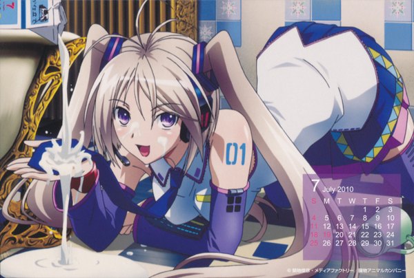 Anime picture 3496x2356 with kampfer vocaloid kondou mikoto single highres open mouth blonde hair twintails purple eyes bare shoulders absurdres scan tattoo cosplay hatsune miku (cosplay) calendar 2010 girl pantyhose necktie headphones