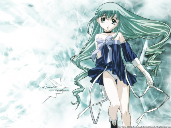 Anime picture 1600x1200 with kiddy grade gonzo lumiere gotou keiji single long hair looking at viewer fringe light erotic bare shoulders green eyes green hair bare legs light surprised girl dress underwear panties ribbon (ribbons)