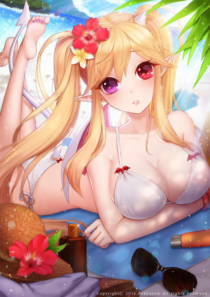 Anime picture 1000x1415 with original ango single long hair tall image looking at viewer breasts light erotic blonde hair twintails tail hair flower horn (horns) pointy ears heterochromia beach girl flower (flowers) swimsuit bikini