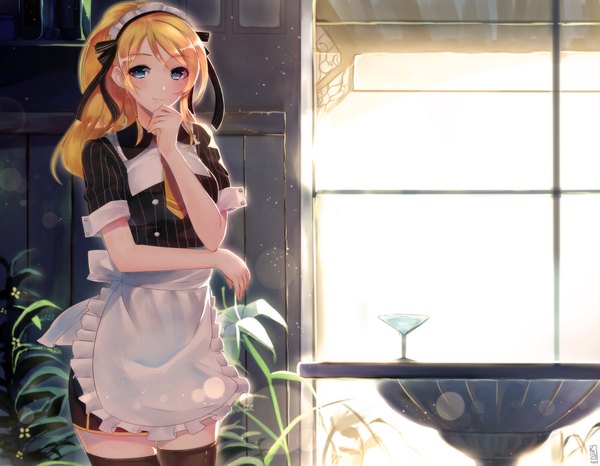 Anime picture 2000x1556 with love live! school idol project sunrise (studio) love live! ayase eli junp single long hair looking at viewer blush highres blue eyes blonde hair maid girl thighhighs dress flower (flowers) black thighhighs headdress maid headdress