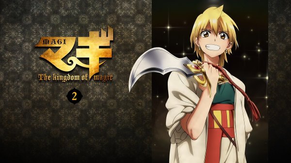 Anime picture 1280x720 with magi the labyrinth of magic a-1 pictures ali baba saluja single looking at viewer fringe short hair blonde hair smile wide image standing yellow eyes scan inscription boy weapon earrings dagger arabian clothes