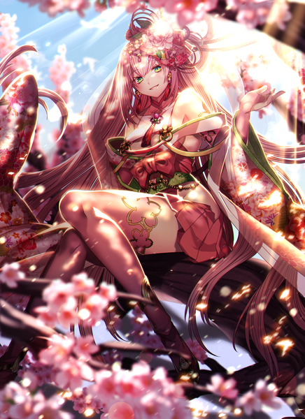 Anime picture 1600x2200 with original katagiri hachigou single tall image looking at viewer blonde hair bare shoulders green eyes very long hair cherry blossoms girl thighhighs dress hair ornament flower (flowers) bow plant (plants) petals tree (trees)