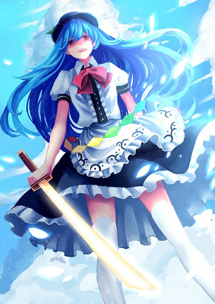 Anime picture 707x1000 with touhou hinanawi tenshi ling (vivianling) single long hair tall image open mouth red eyes blue hair looking away sky cloud (clouds) from below girl thighhighs dress weapon hat white thighhighs sword