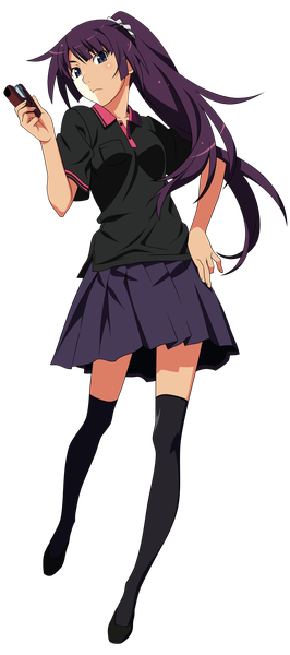 Anime picture 1024x2304 with bakemonogatari shaft (studio) monogatari (series) senjougahara hitagi single long hair tall image looking at viewer fringe blue eyes purple hair full body ponytail pleated skirt short sleeves no shoes zettai ryouiki hand on hip transparent background white skin