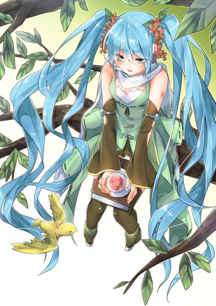 Anime picture 1013x1433 with vocaloid hatsune miku sakuragi ren tall image blue eyes twintails blue hair very long hair scan girl detached sleeves animal headphones bird (birds)