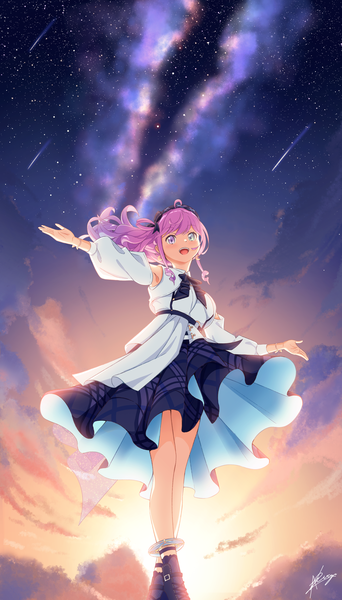 Anime picture 2894x5078 with virtual youtuber hololive himemori luna akichazuke single long hair tall image looking at viewer highres open mouth smile purple eyes green eyes signed pink hair sky cloud (clouds) from below heterochromia gradient background