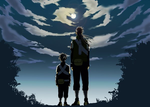 Anime picture 1260x900 with naruto studio pierrot naruto (series) hatake kakashi hatake sakumo nishimura long hair short hair standing cloud (clouds) ponytail grey hair from behind night multiple boys night sky back father and son boy jacket