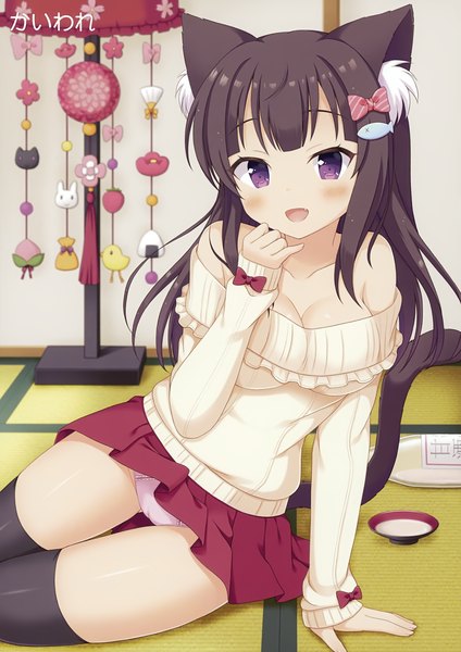 Anime picture 2475x3500 with original melonbooks kaiware-san single long hair tall image looking at viewer blush fringe highres breasts open mouth light erotic brown hair purple eyes bare shoulders signed animal ears payot cleavage