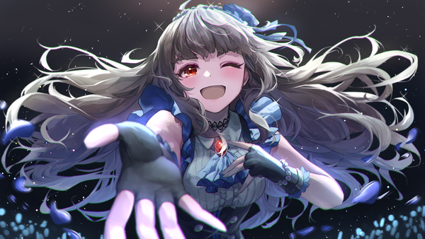 Anime picture 5111x2879 with idolmaster idolmaster cinderella girls kamiya nao shino sto single long hair looking at viewer blush highres open mouth red eyes brown hair wide image absurdres one eye closed sparkle eyebrows ;d outstretched hand over the rainbow (idolmaster)