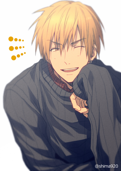 Anime picture 600x847 with kuroko no basket production i.g kise ryouta mashima shima single tall image fringe short hair open mouth blonde hair smile yellow eyes one eye closed wink piercing happy ear piercing eyebrows ;d boy