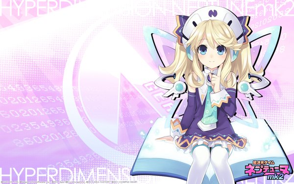 Anime picture 1920x1200 with choujigen game neptune hyperdimension neptunia mk2 histoire tsunako single long hair blush highres blue eyes blonde hair wide image sitting bare shoulders official art pink background girl thighhighs dress detached sleeves white thighhighs
