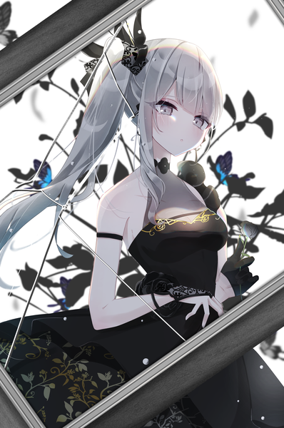Anime picture 2716x4092 with original mizupuruta single long hair tall image looking at viewer blush fringe highres breasts simple background standing white background bare shoulders payot blunt bangs head tilt grey hair blurry grey eyes
