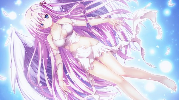Anime picture 1024x576 with fortuna rhapsody long hair blue eyes light erotic wide image pink hair game cg torn clothes girl wings feather (feathers)