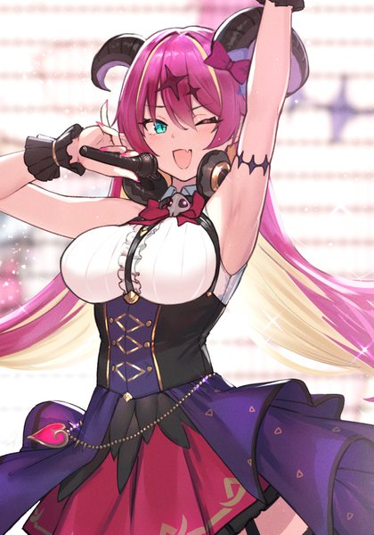 Anime picture 1034x1477 with virtual youtuber hololive mano aloe hayabusa single long hair tall image blush fringe breasts open mouth blonde hair smile hair between eyes large breasts standing payot pink hair nail polish one eye closed