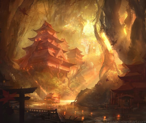 Anime picture 1200x1010 with original najtkriss (artist) signed sunlight sunbeam river plant (plants) tree (trees) water building (buildings) lantern japanese house