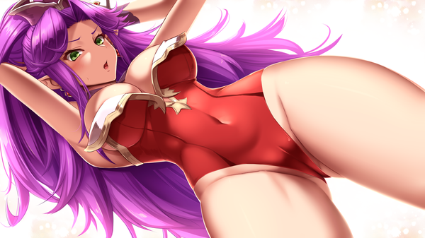 Anime picture 1440x810 with original shuugetsu karasu single long hair looking at viewer blush fringe breasts open mouth light erotic simple background wide image large breasts standing white background green eyes payot cleavage purple hair ponytail