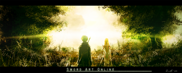 Anime picture 1600x640 with sword art online a-1 pictures yuuki asuna kirigaya kazuto long hair black hair brown hair wide image standing from behind copyright name hand on hip back light girl boy weapon plant (plants) sword tree (trees)