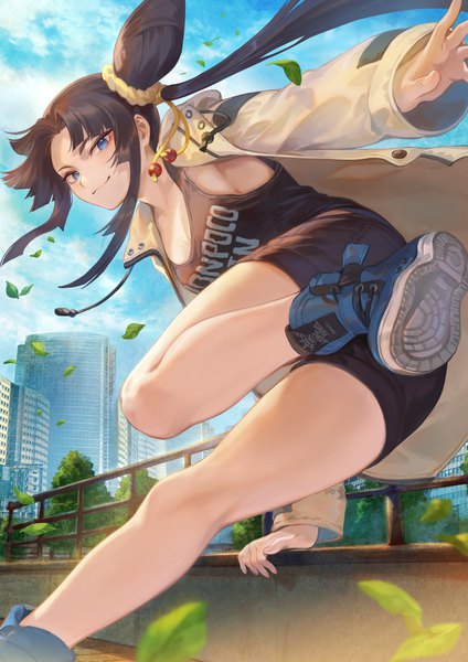 Anime picture 1302x1842 with fate (series) fate/grand order ushiwakamaru (fate) mashuu (neko no oyashiro) single long hair tall image looking at viewer fringe blue eyes black hair smile payot sky cloud (clouds) outdoors arm support open jacket from below hair bun (hair buns)