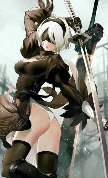 Anime picture 727x1200 with nier nier:automata yorha no. 2 type b salmon88 single tall image fringe short hair breasts open mouth light erotic standing holding cleavage ass outdoors white hair arm up mole puffy sleeves