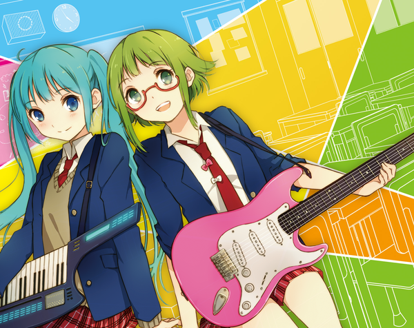 Anime picture 1840x1460 with vocaloid hatsune miku gumi ousaka nozomi long hair looking at viewer highres short hair open mouth smile twintails multiple girls girl skirt uniform 2 girls school uniform shirt glasses clock